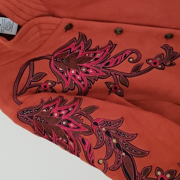 Bob Mackie orange fleece jacket, embroidery, wearable art, artisan women size M - Picture 2 of 9